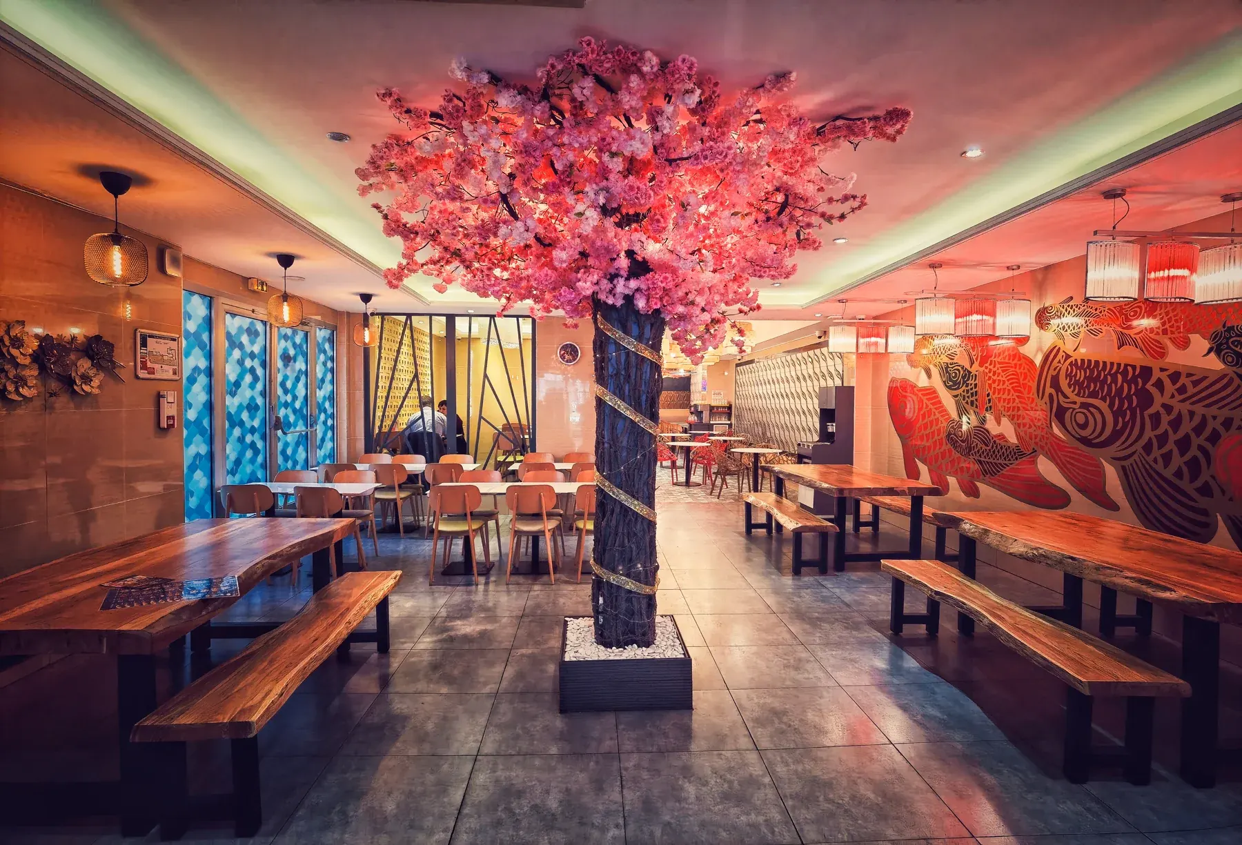 La salle de Yummy et son cerisier rose à Paris